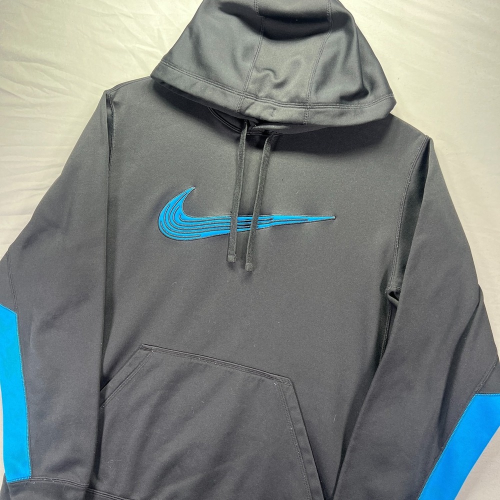 Nike Therma Fit Hoodie Mens Medium Black Blue Swoosh Pullover Sweatshirt Fleece